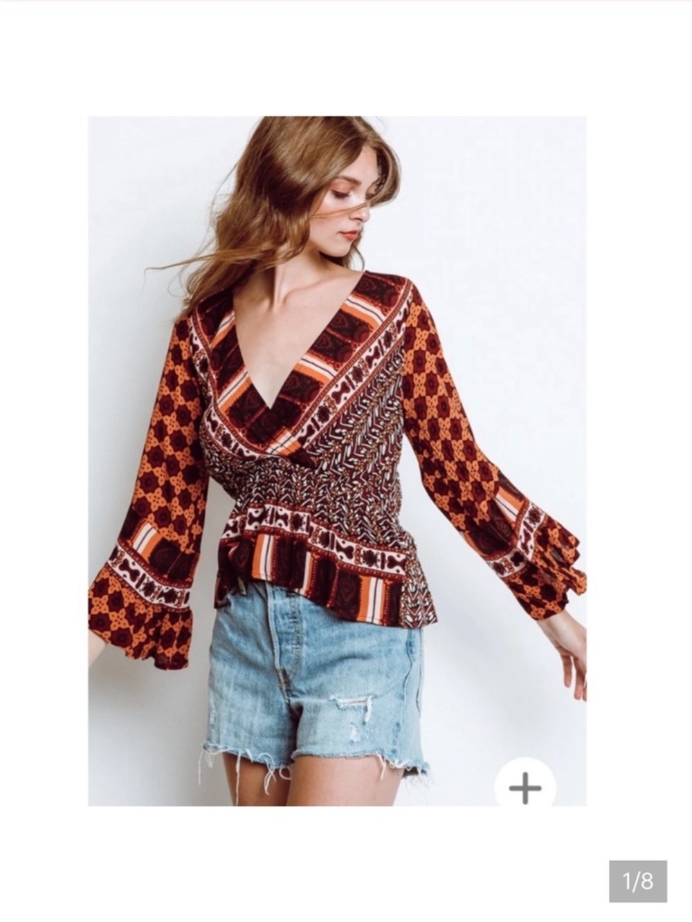 Free People Rust Multi Boho V-Neck Peplum Blouse NWOT Sz M